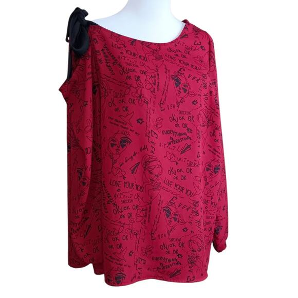 TORRID 2 Whimsical Blouse Top Plus 2X Bare Shoulder Tie Bow Red Black Going Out - Picture 1 of 11